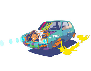 Cyberpunk car without background, rushes through in bright colors.  Vector illlustration