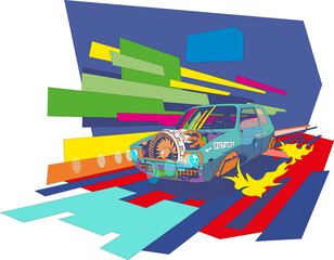 Cyberpunk car on the transparent background, rushes through in bright colors.  Vector illlustration