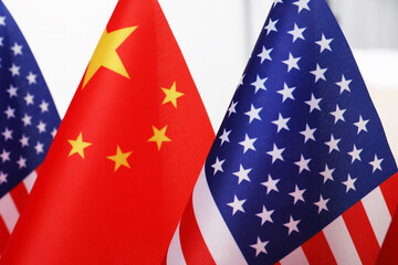Fototapeta premium USA and China flags, closeup. International relations