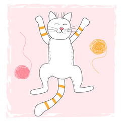 Funny post card with cat lying on its back and balls of wool. Graphic element for postcard, book, album, scrapbook, valentine, child room design. Humor cartoon vector illustration