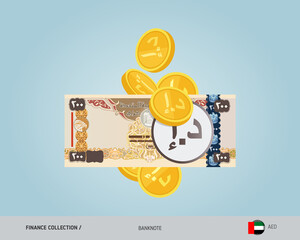200 United Arab Emirates Dirham banknote with flying coins. Flat style vector illustration. Finance concept.