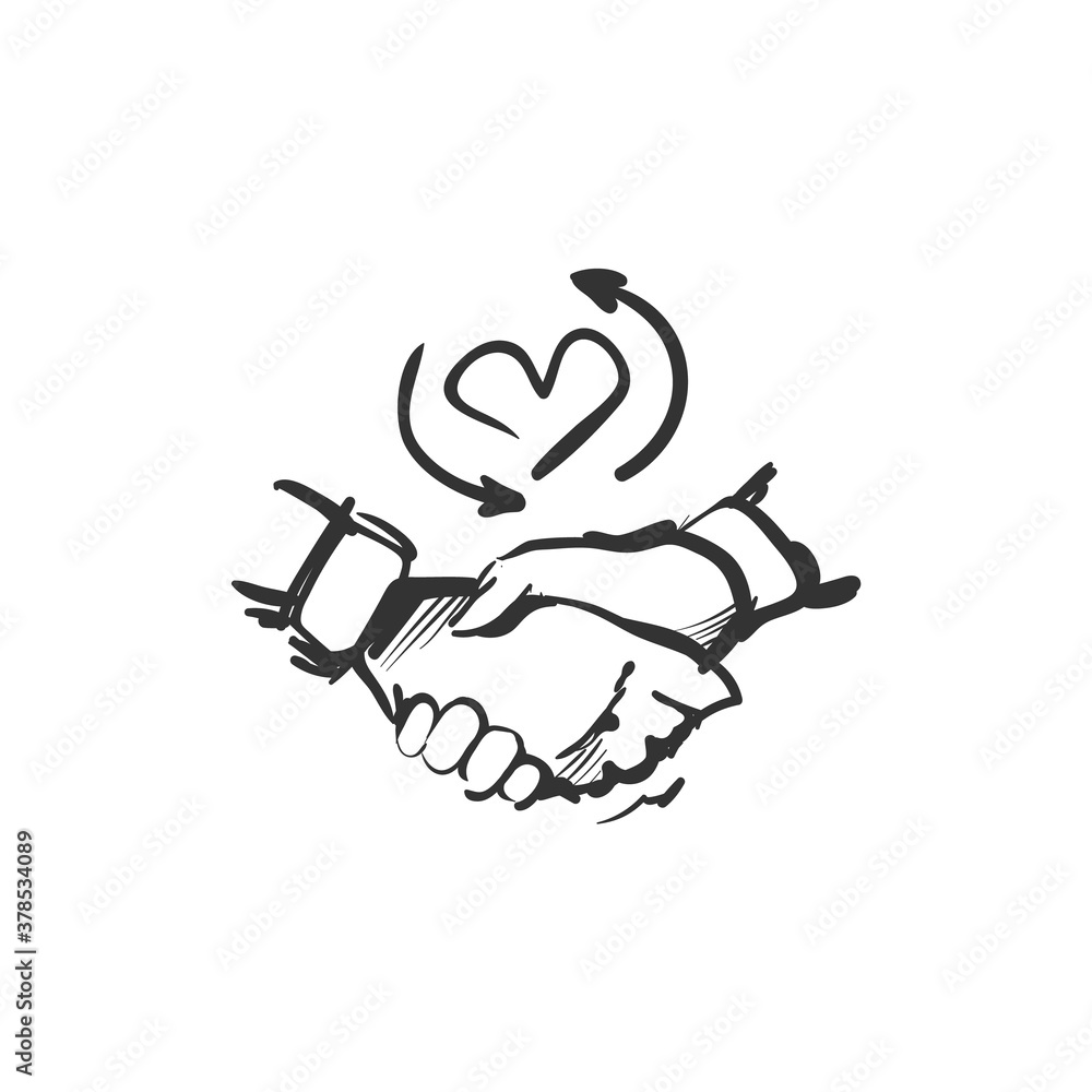 Poster loyalty line icon. two hands shaking. heart symbol with circular lines. outline drawing. human devot