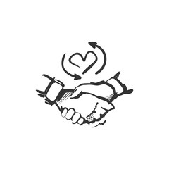 Loyalty line icon. Two hands shaking. Heart symbol with circular lines. Outline drawing. Human devotion concept. Loyalty program. Isolated vector illustration