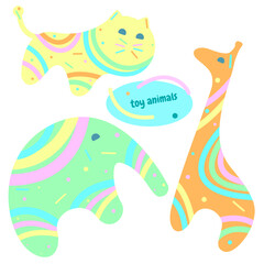  Set of toy animals, children's toys, isolated, elephant, lion, giraffe, pastel colors