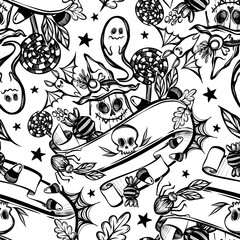 Vector illustration, Happy Halloween, pumpkin in witch hat, candy, bat, ghost, mysticism. Handmade, prints, seamless pattern, light  background