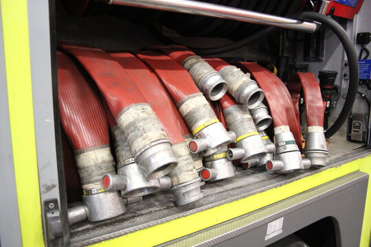 fire brigade, London, uk 24/10/19: fire engine truck hoses equipment hoses pumps for London fire brigade stock, photo, photograph, picture, image