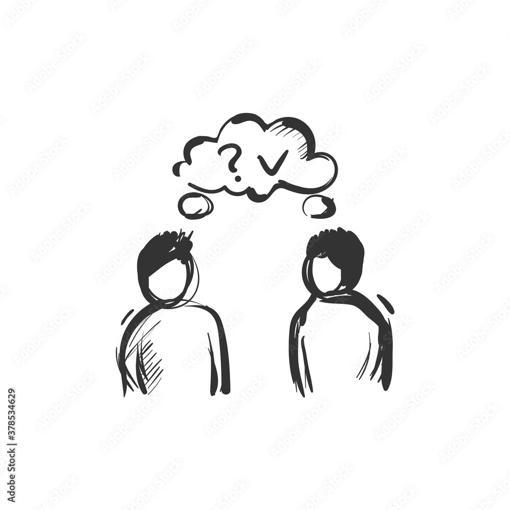 Poster mutual understanding line icon. two people standing together and thinking the same. outline drawing.