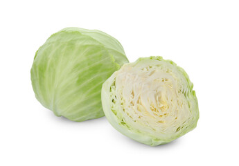 Whole and cut fresh ripe cabbages on white background