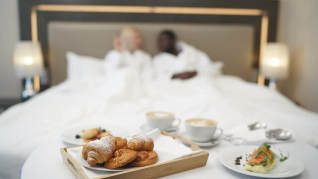 Close-up video of breakfast in hotel, tasty food for newly married couple. hotel service, food, morning concept.
