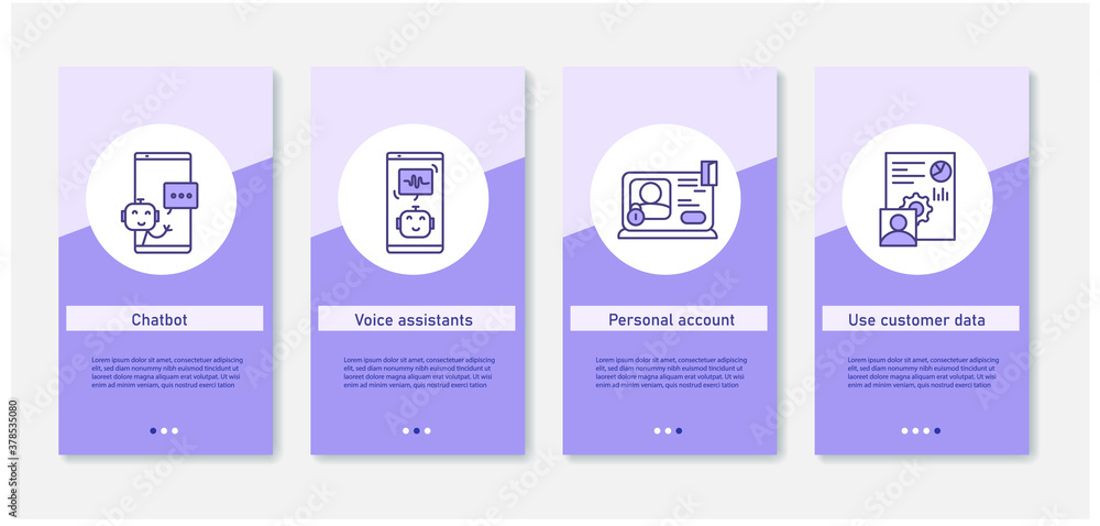 Poster customer service mobile app. set of app screens with chatbot, voice assistants, personal account and