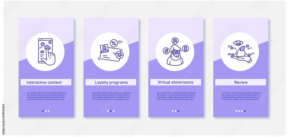 Poster interactive shopping mobile app.set of app screens with interactive content, loyalty programs, virtu