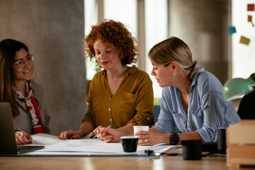 Businesswomen working on a new project. Colleagues discussing about problem they have to solved.
