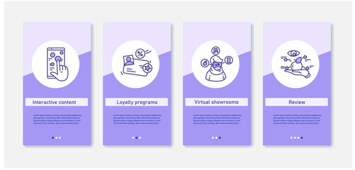 Naklejka premium Interactive shopping mobile app.Set of app screens with interactive content, loyalty programs, virtual showrooms and review.UI, UX, web template with RGB color linear icons.Digital customer experience