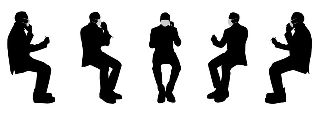 Vector concept conceptual  silhouette men talking on phone while social distancing as means of prevention and protection against coronavirus contamination. A metaphor for the new normal.