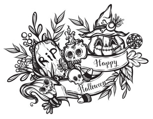 Vector illustration, Happy Halloween, grave, pumpkin, witch's hat, skull, mysticism,leaves, set of different elements. Handmade, background white, prints on T-shirts