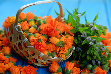 A basket filled with calendula flowers on a blue wooden background with sprigs of blooming mint and lemon balm. A scattering of calendula inflorescences. Healing herbs. Healing tea. Homeopathy