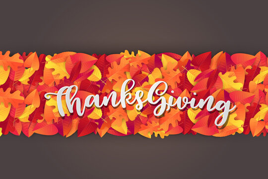 Happy Thanksgiving decoration graphics  with fall leaves. Seasonal event celebration design for invitation or advertisement. Realistic vector illustration with typography text.