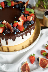 cake with fresh fruit and chocolate, close-up