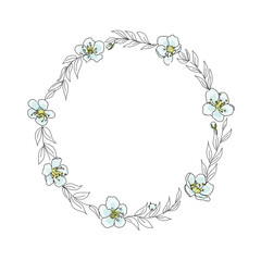 Pre made frame wreath corner with loose leaf branches, and blue flowers. Wedding ornament concept. Floral poster, invite. Decorative greeting card, invitation design background, birthday party