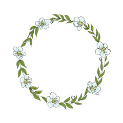 Pre made frame wreath with green leaf branches, blue flowers. Wedding ornament concept. Floral poster, invite. Decorative greeting card, invitation design background, birthday party