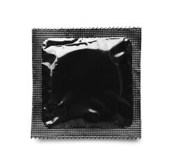 Black condom package on white background, top view. Safe sex - obrazy, fototapety, plakaty