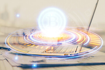 Double exposure of blockchain theme hologram and table with computer background. Concept of bitcoin...