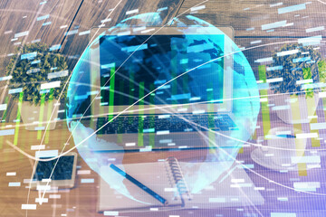 Multi exposure of business theme icons and table with computer background. Concept of success.