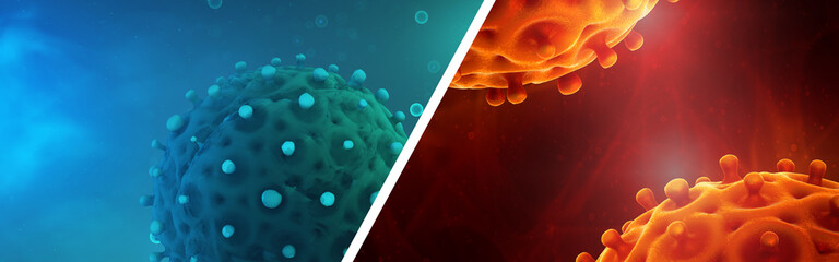 Influenza vs. Coronavirus - The Differences. Microscopic view of infectious virus cells. 3D...