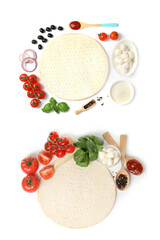 Set with ingredients for pizza on white background, top view