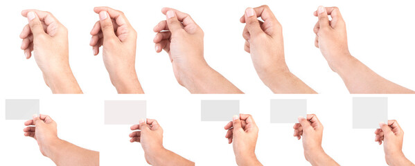 Multiple of Male Caucasian hand gestures isolated over the white background. HAND HOLDING CARD. - Powered by Adobe