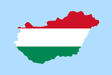 Map of Hungary on a blue background, Flag of Hungary on it.