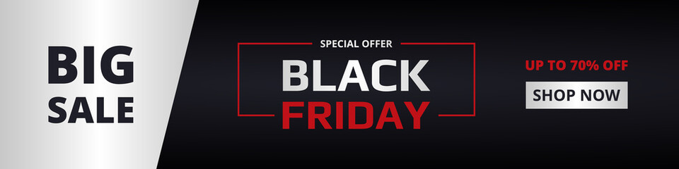 Fototapeta na wymiar Black friday, wide banner template. Black friday dark, red and silver horizontal banner. Big sale, special offer, up to 70% off.