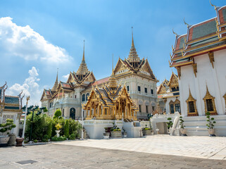 Chakri Maha Prasart Throne Hall, one of the most important and beautiful hall in The Grand Palace in Bangkok, Thailand, under summer blue sky