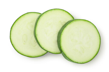 Fresh sliced zucchini isolated on white background with clipping path and full depth of field. Top view. Flat lay