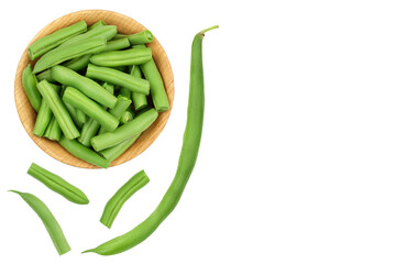 Green beans isolated on a white background with clipping path, Top view with copy space for your text. Flat lay
