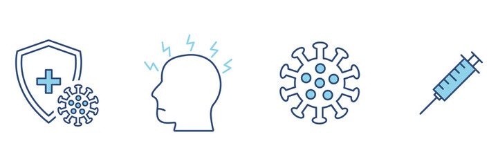 Obraz premium Medicine protection line blue set icons. Stop virus concept isolated on white. Protection medical elements from virus, air pollution, flu, dust illustration isolated on white.