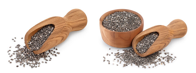Chia seeds in wooden bowl isolated on white background with clipping path and full depth of field.