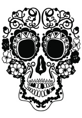 Mexican sugar skull  with floral design . Design element for poster, card, print, emblem, sign, tattoo, t-shirt.  Black and white vector illustration for Day of the Dead Celebration Festival