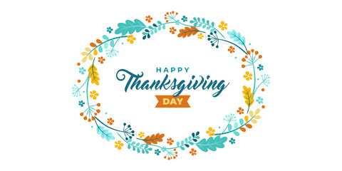 Happy thanksgiving card. Vector banner, greeting card with the text of Happy thanksgiving. Vignette, frame Emblem with autumn leaves, branches and berries. The leaves of oak, ash, green, and orange.