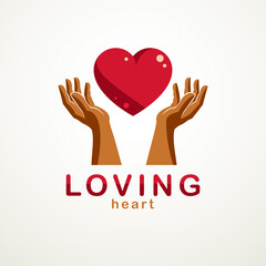 Loving Heart simple vector logo or icon created with red glossy heart sign and care protecting hands.