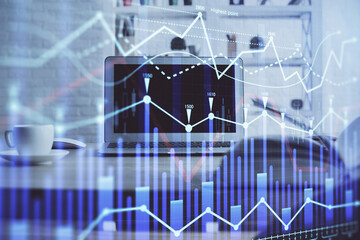 Forex market chart hologram and personal computer background. Double exposure. Concept of investment.