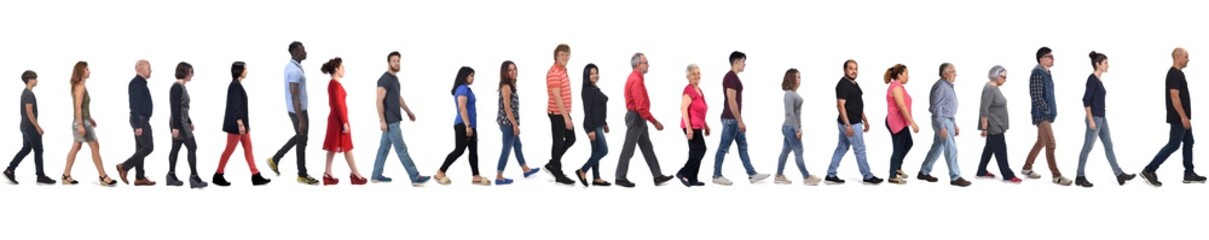 large group of mixed people walking on white background, - Powered by Adobe