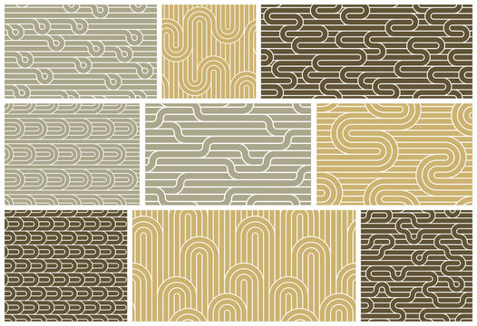 Seamless patterns with twisted lines, vector linear tiling backgrounds set, stripy weaving, optical maze, twisted stripes.