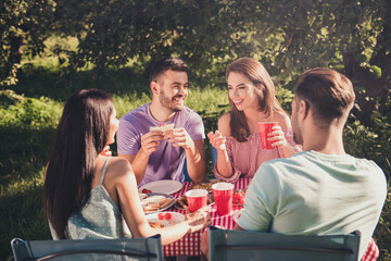 Portrait of four nice attractive cheerful cheery best buddy fellow guys group meeting discussing eating dinner lunch snack spending weekend sunny day fresh air bbq