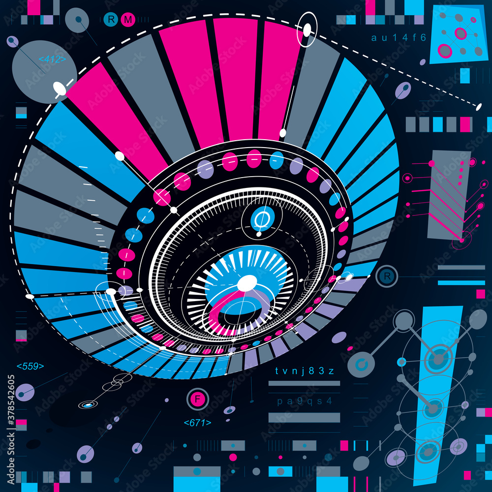 Poster dimensional abstract circular mechanical scheme, 3d technological pattern. vector industrial and eng