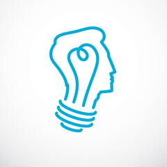 Creative brain concept, intelligent person vector logo. Light bulb in a shape of child head profile. Bright mind, thinking and brainstorming idea icon.