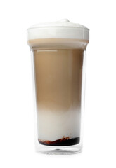 Hot coffee in reusable glass cup isolated on white