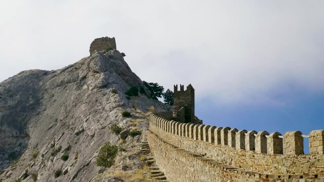 Stone fortress on a background of blue clear sky in the Crimea. 4K