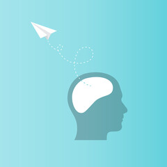 Man head with paper plane. Concept of mental health, creativity, imagination, emotional intelligence, human brain. Vector illustration, flat design