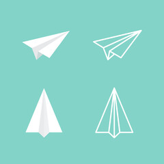 Obraz premium Paper plane icon set. White outline and flat symbols. Green background. Vector illustration, flat design